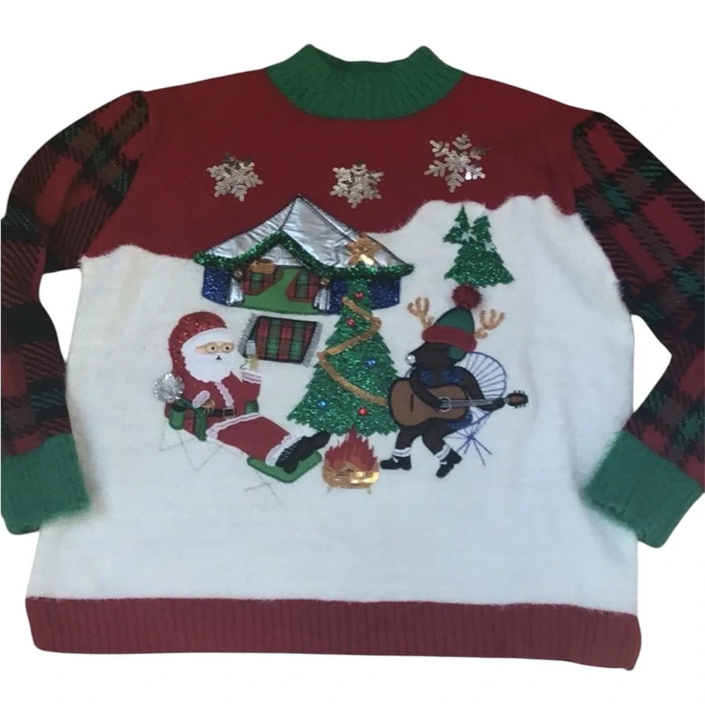 Merry & Bright Fuzzy Embroidered Santa Rudolph Camp Funny Ugly Christmas Sweater